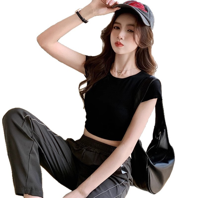 女性用ショート丈へそ出し半袖Tシャツ、2025年夏ホットガールズホワイト右肩ボトムシャツ、レディーストップス、へそ出しトップス|undefined