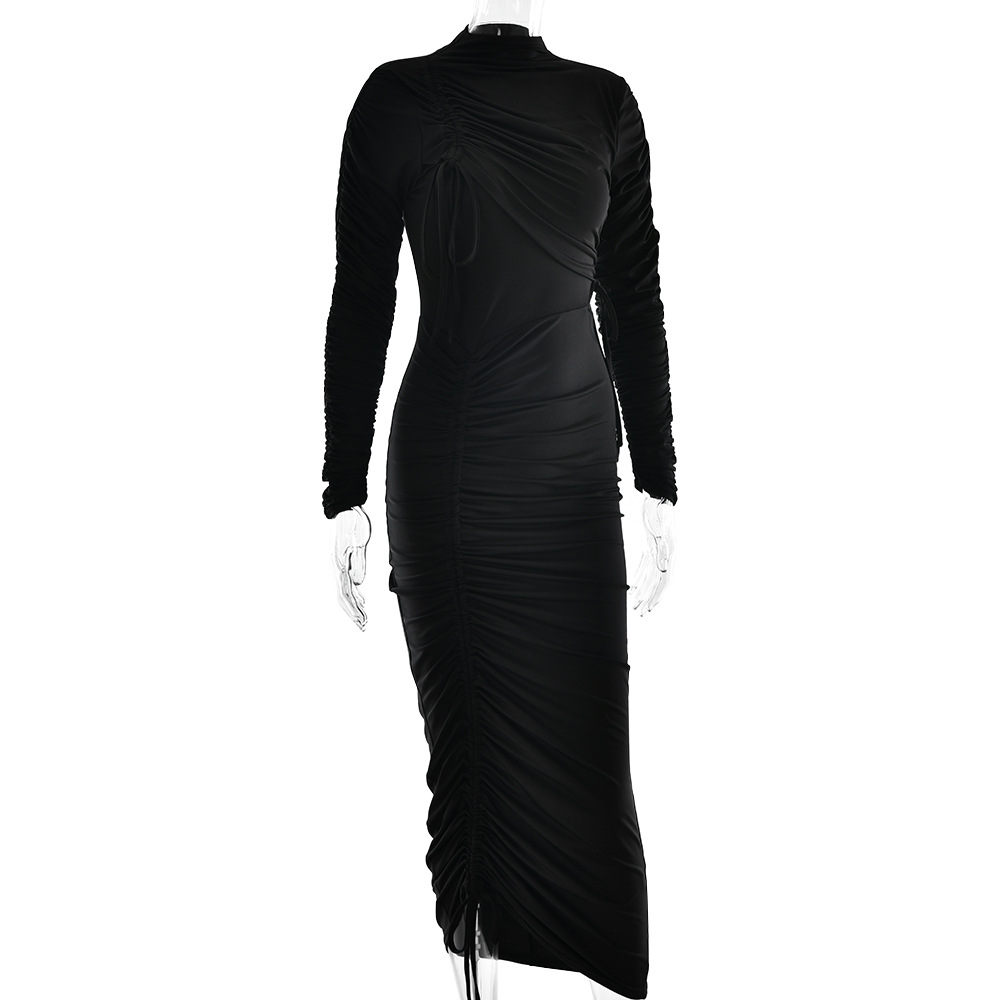 Women's New Sexy Long Sleeve Ruched Drawstring Tie‑Up Bodycon Maxi Dress_ecoleips.com