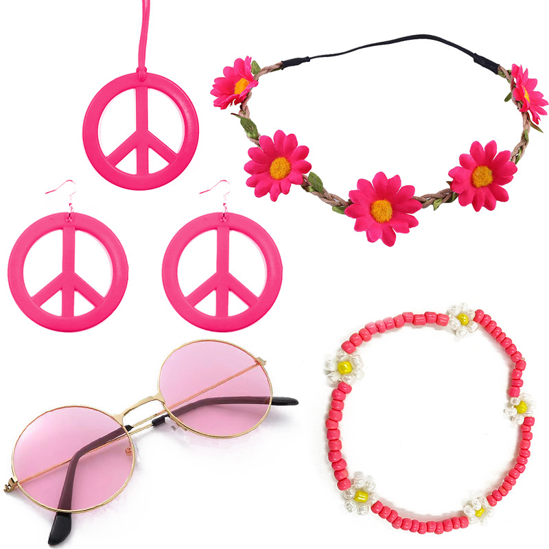 Hippie vestir accesorios paz símbolo Halloween fiesta pendientes coloridos fiesta collar traje hippie diadema