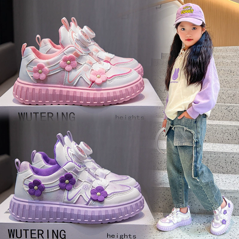 Спортивная обувь для детей среднего возраста осенняя кожа, дышащая новая обувь для девочек, вращающаяся обувь на пуговицах для учащихся начальной школы