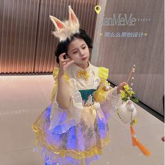Mid-Autumn Gift, Traditional Style, Spring and Autumn Season, Children's Girls 2023 Lolita Plain Color Puffed Dress Set and Dress