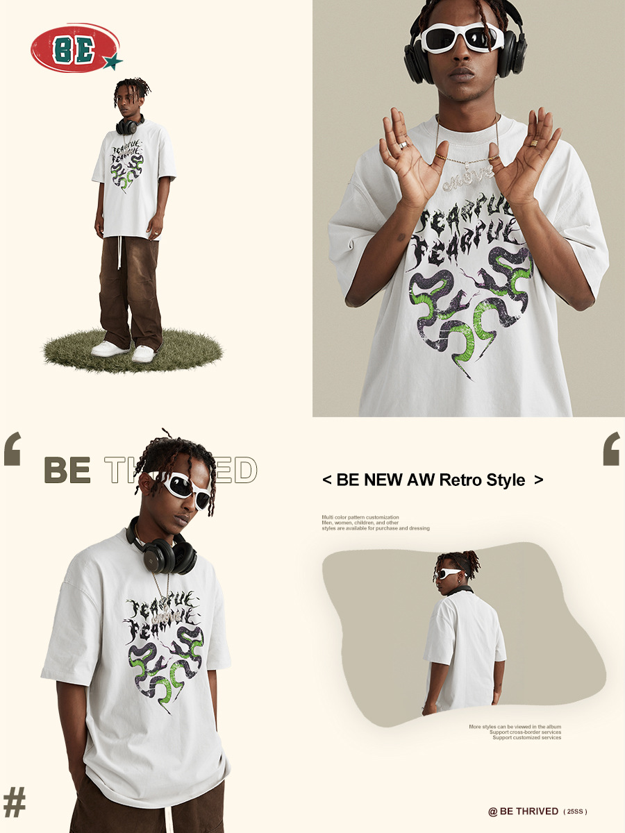 Ropa para Hombre BE | Camiseta holgada con estampado de bloques de color del Año de la Serpiente, estilo retro nacional, talla grande, unisex, de manga corta, para hombre.
