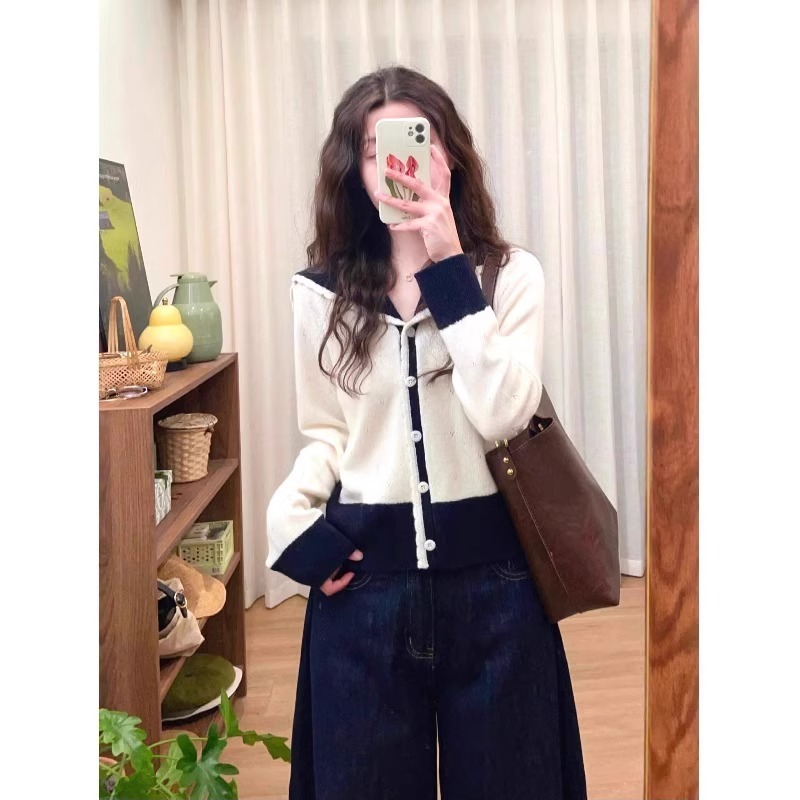 撞色小众设计感针织开衫毛衣女秋季新款时尚气质显瘦外套上衣|undefined