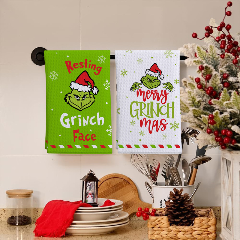 Microfiber Waffle Kitchen Towel Grinch Christmas Decoration Printed Absorbent Hand Towel