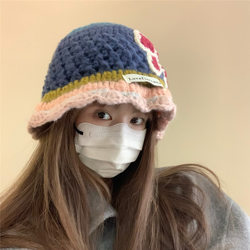 colorful Floral Knit Fisherman's Hat, Suitable For Women, For Autumn And Winter, Sweet Bucket Hat, Suitable For Large Head Shapes._voghion.com