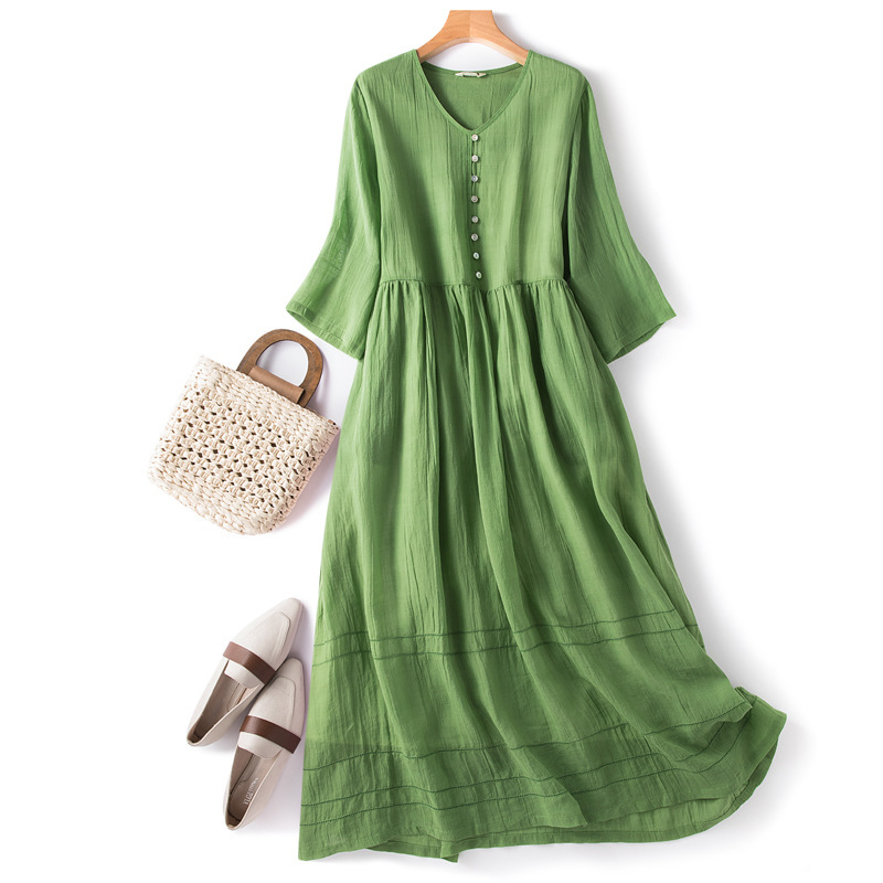 Real Shot of 2025 New Summer Style Literary Loose Splicing Pure Color Cotton and Linen V Neck Three-Quarter Sleeve Dress for Women Mid-Length