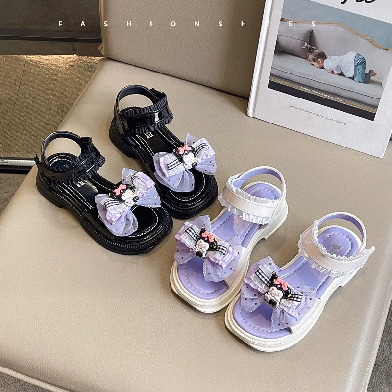 Детские сандалии Kuromi черные, лето 2025, новые, кружевные, принцессы, мягкая подошва, легко сочетаются с одеждой.