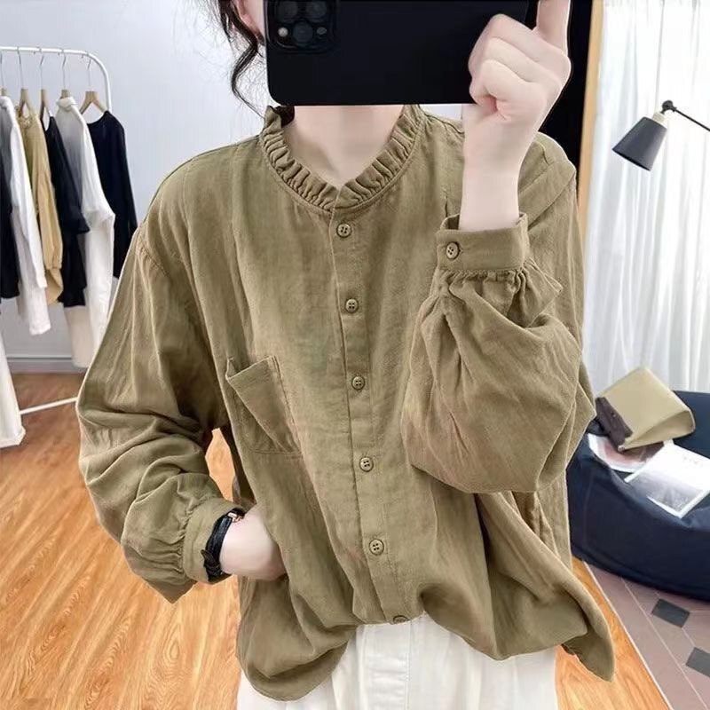 纯色长袖棉麻衬衫女春秋复古小个子宽松时尚百搭显瘦衬衣打底外穿|undefined