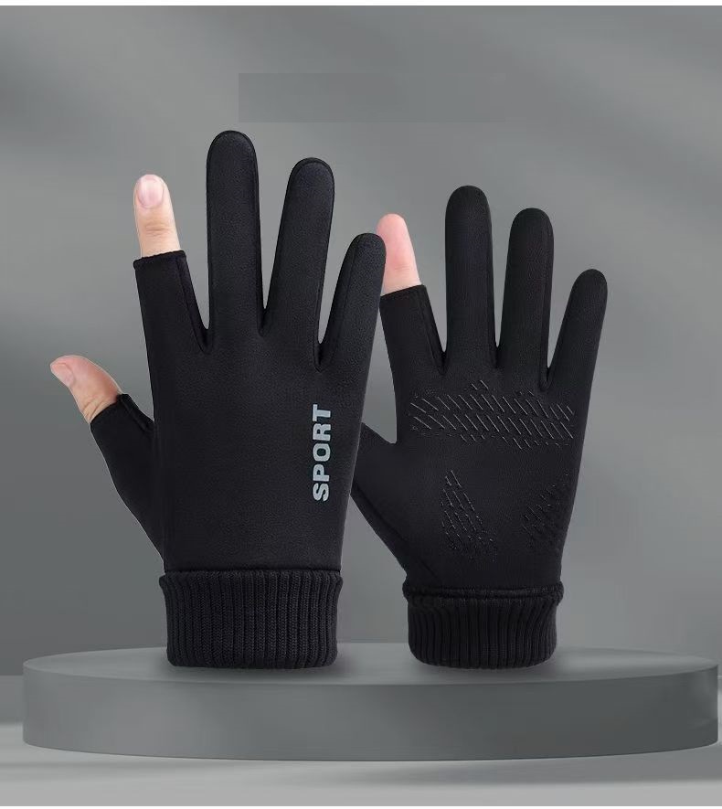 Guantes de gamuza para hombres y mujeres Otoño e Invierno pesca expuestos dos dedos medio dedo forrado de vellón cálido ciclismo guantes de motocicleta