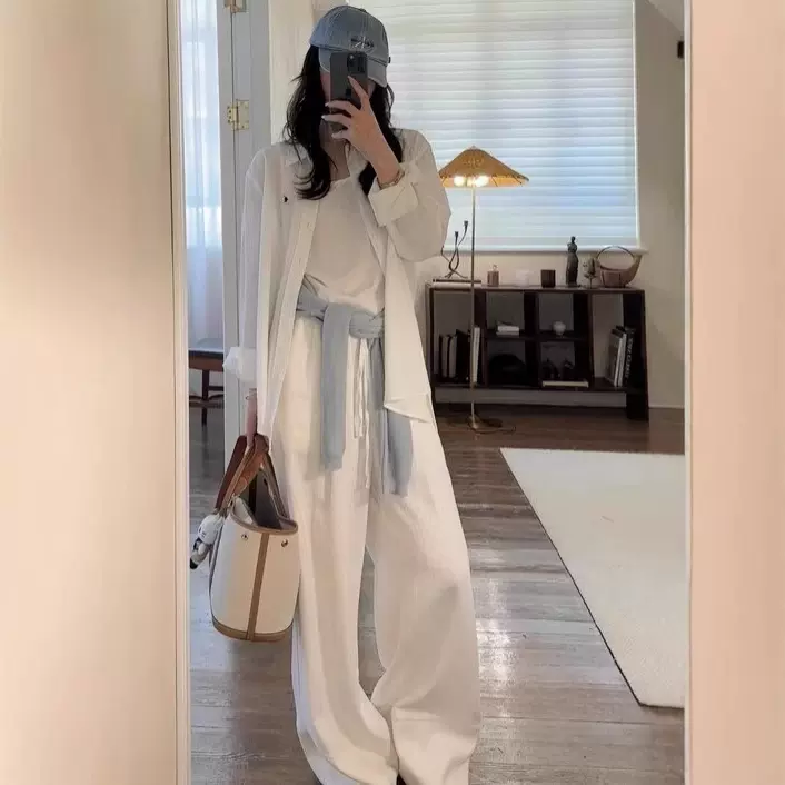 RL现货拉夫小马标刺绣亚麻白色防晒三件套休闲衬衣背心长裤套装