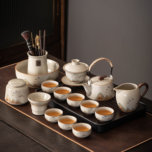 Beige Ru Kiln Kung Fu Tea Set for Home Use, Light Luxury Teapot with Gaiwan, Tea Brewing Office Ceramic Teacups and Tea Tray Complete Set