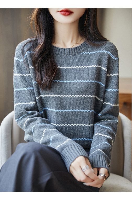 波浪线条纹圆领毛衣女线撞色长袖秋冬软糯纯棉内搭针织打底衫|undefined