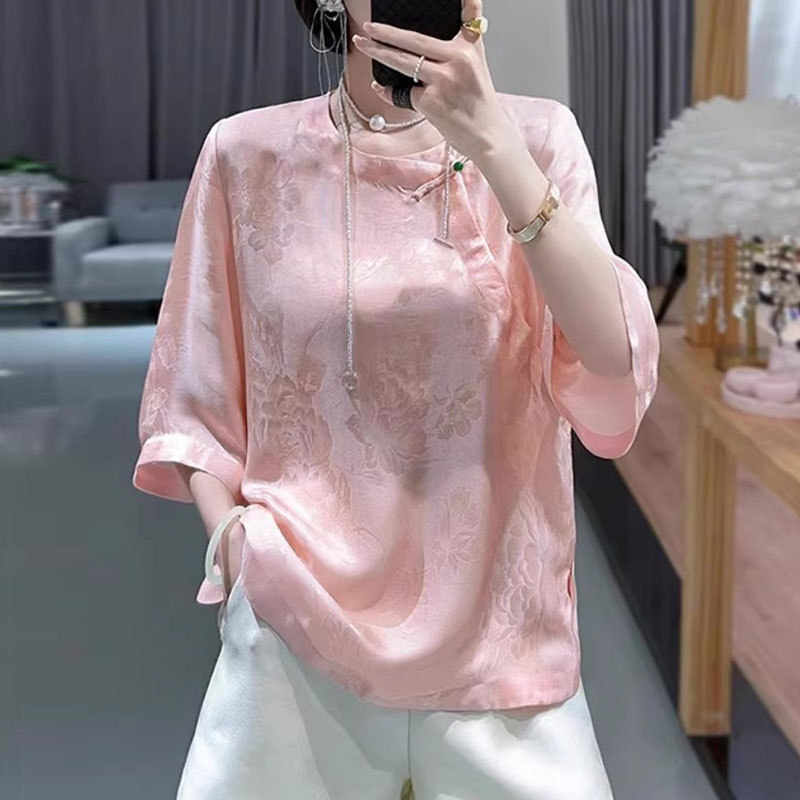 Silk National Style Top Women's Vintage Mulberry Silk New Chinese Style Shirt Summer Acetic Acid Satin Jacquard Slant Flap Buckle Shirt