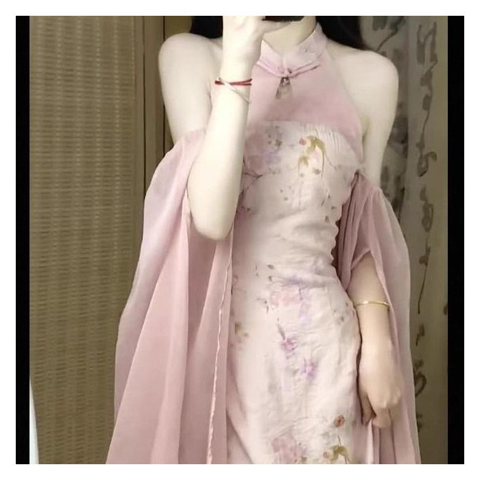 新しい中国風の改良されたチャイナドレス婚約ドレスハイエンドライト高級ニッチ中国風ピンクホルターネックドレス女性のための春と夏|undefined