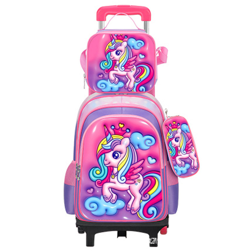 Nuevo bolso escolar impermeable de cuero brillante expandido para niños transfronterizos, carrito, bolso escolar de tres piezas para estudiantes, mochila de dibujos animados