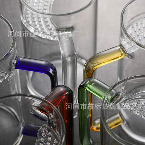 Thickened heat-resistant glass cup with five colors, round mouth with built-in filter, crescent cup, milk juice tea cup, office cup
