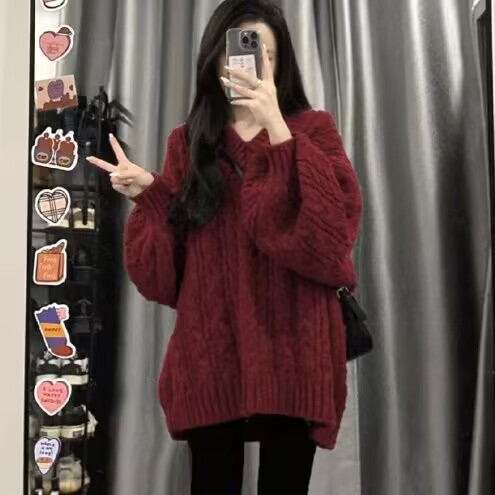 Outdoor Wear spring and autumn versatile lazy style V-neck twist sweater gentle Korean style top soft glutinous thick wool woven winter thick