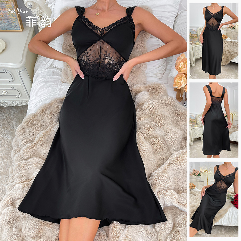 European and American Sexy Pajamas Women's Sling Nightgown Satin Pure Lace French High-end Home dress 800 European and American Sexy Pajamas Women's Sling Nightgown Satin Pure Lace French High-end Home dress 800