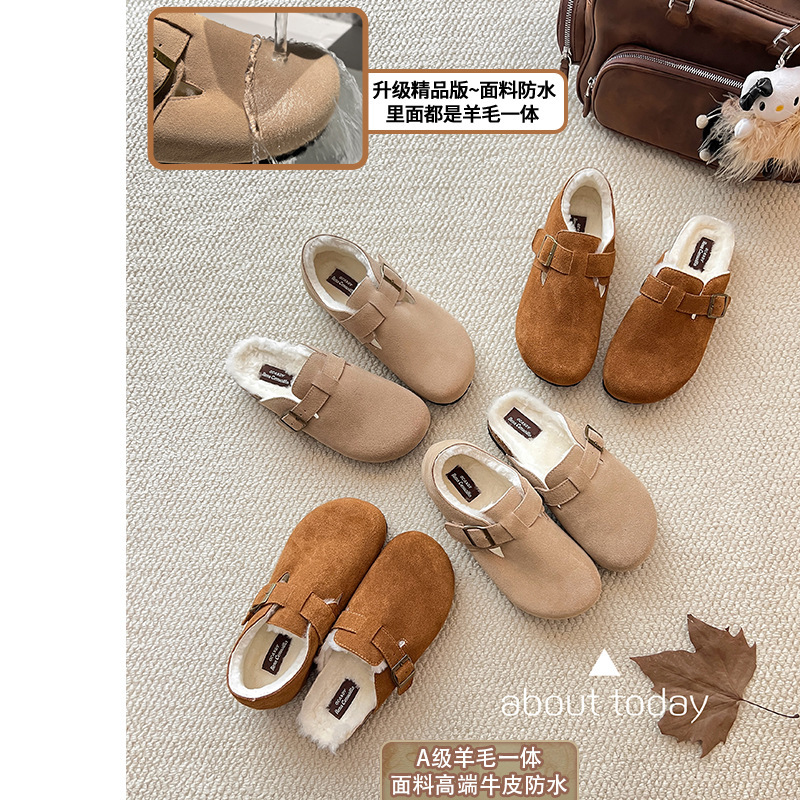 【Treasure of the Store】Genuine Wool Uncle's Thick-Soled Waterproof Leather Half-Slipper Birkenstock Shoes for Women, Winter Cotton Shoes