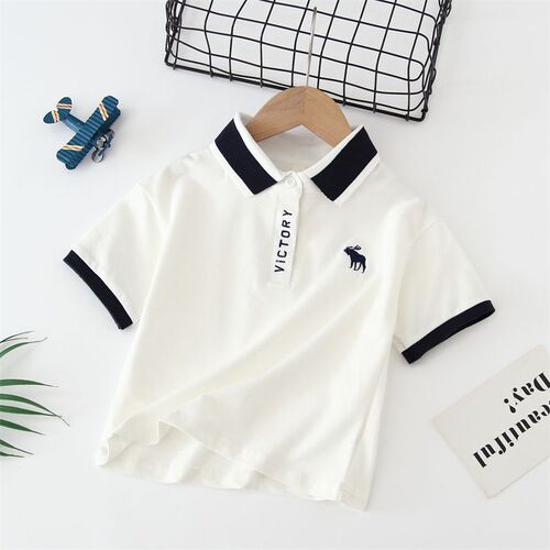 T073-Embroidered deer POLO shirt with puff sleeves for outer wear, niche style stand-up collar denim thin style small and fresh