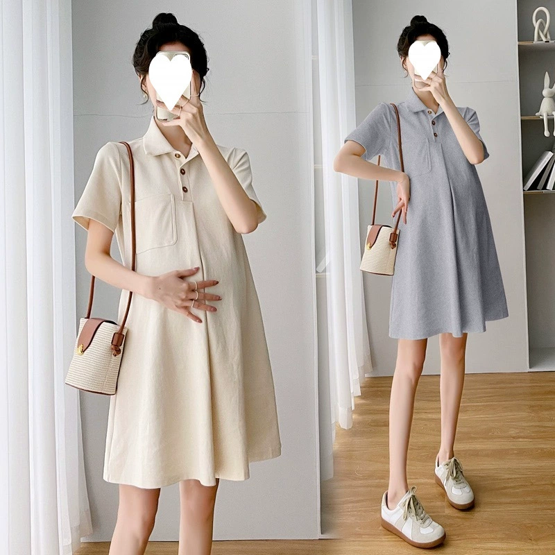 Summer clothing for pregnant, dress, summer skirt, western style, polo collar, with short sleeve, for teenagers, internet celebrity