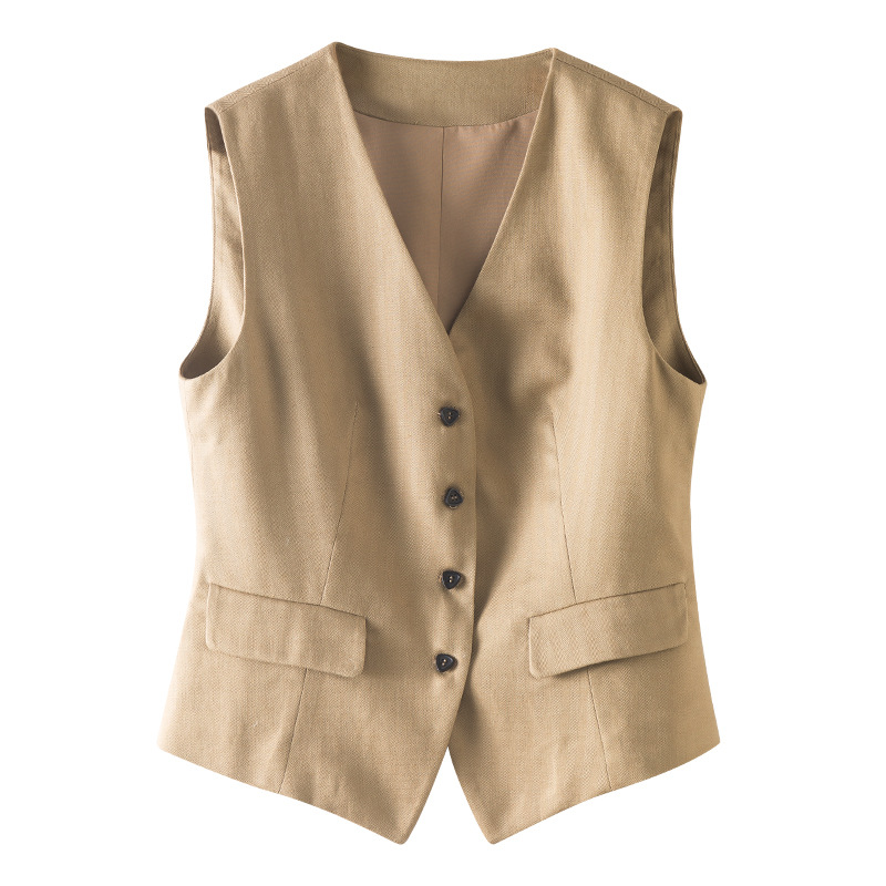 Áo vest gile nữ cổ chữ V chất liệu linen phối sợi Tencel, dáng suông nhẹ, thích hợp mặc ngoài đi làm — Áo gi lê - 65308 Mochamus