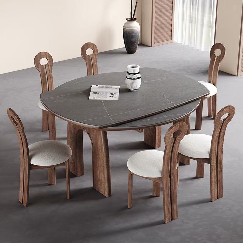 Mesas y sillas de comedor plegables de madera maciza de estilo medio, mesa redonda de roca, hogar redondo, estilo americano, estilo francés, mesa redonda retráctil, apartamento pequeño
