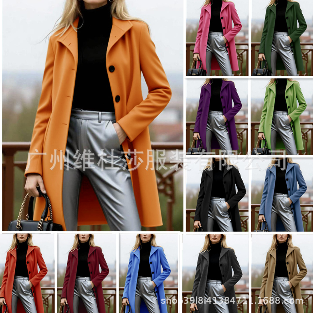 跨境2025秋冬爆单加厚毛呢女外套中长款亚马逊品质大衣wish有里衬