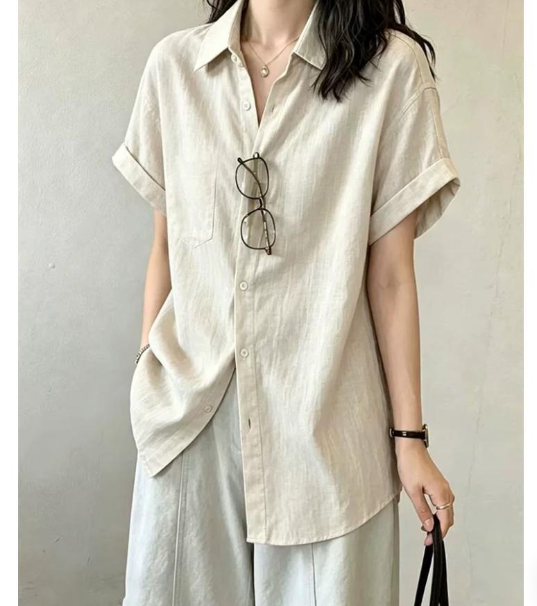 Áo sơ mi nữ linen tay ngắn phong cách cổ điển, thiết kế rộng rãi thoải mái — màu trắng, màu mơ chi tiết 1