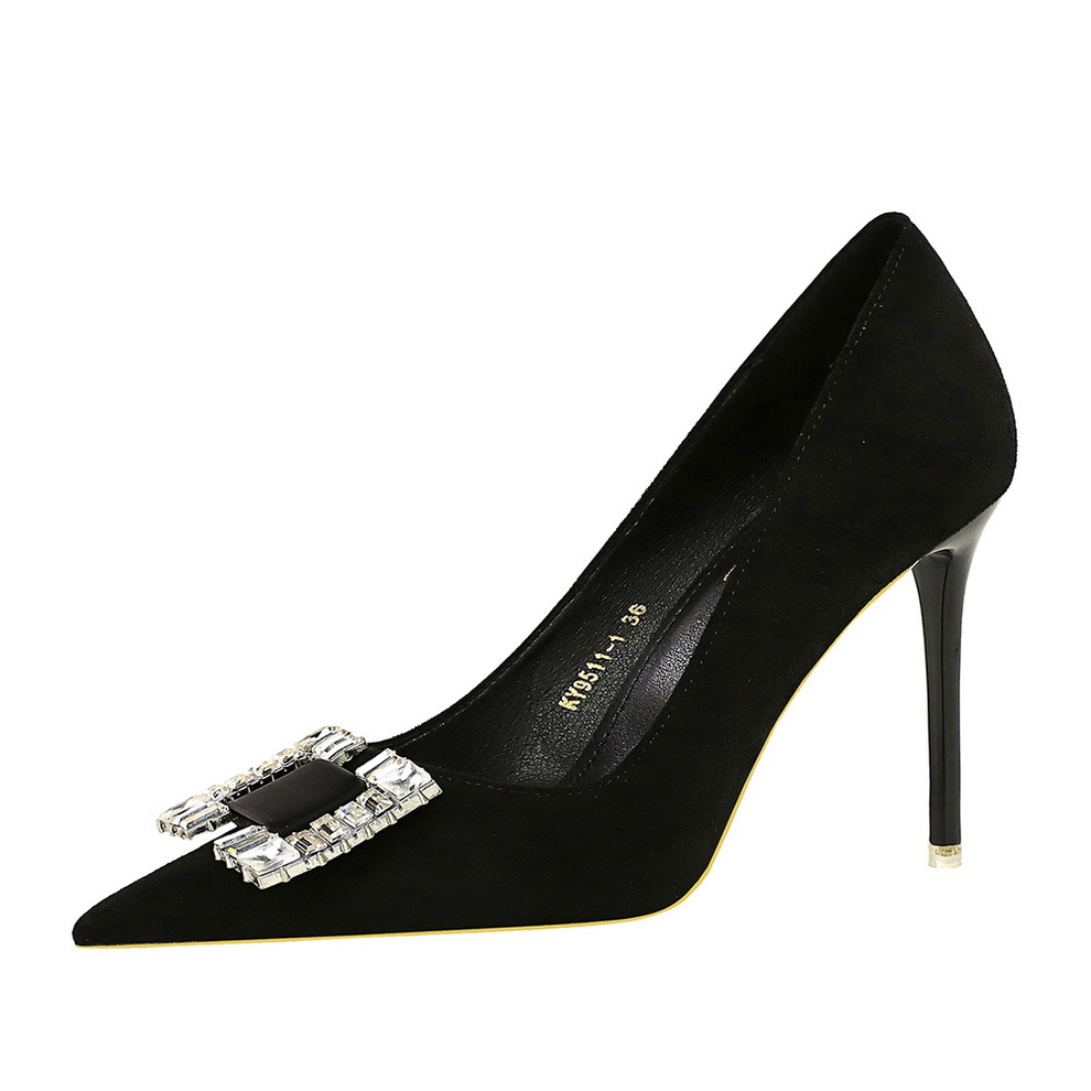 9511-K75 European And American Style Banquet Stiletto Women's Suede Shallow Mouth Pointed Toe Square Rhinestone Single_vogvips.com