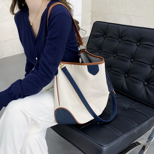 Wholesale Factory Style Color-blocked Canvas Tote Bag for Women Large Capacity Commuter Bag Women's Fashion Shoulder and Crossbody Bag