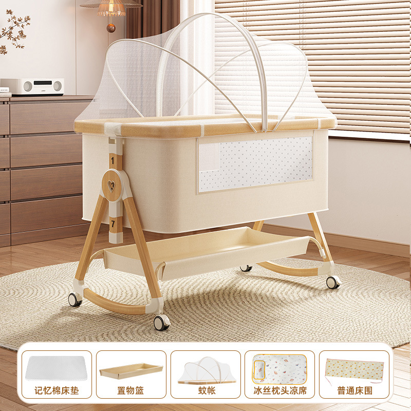 Cama de cuna plegable móvil ajustable de altura, cama de bebé portátil, cama de empalme para bebé multifuncional