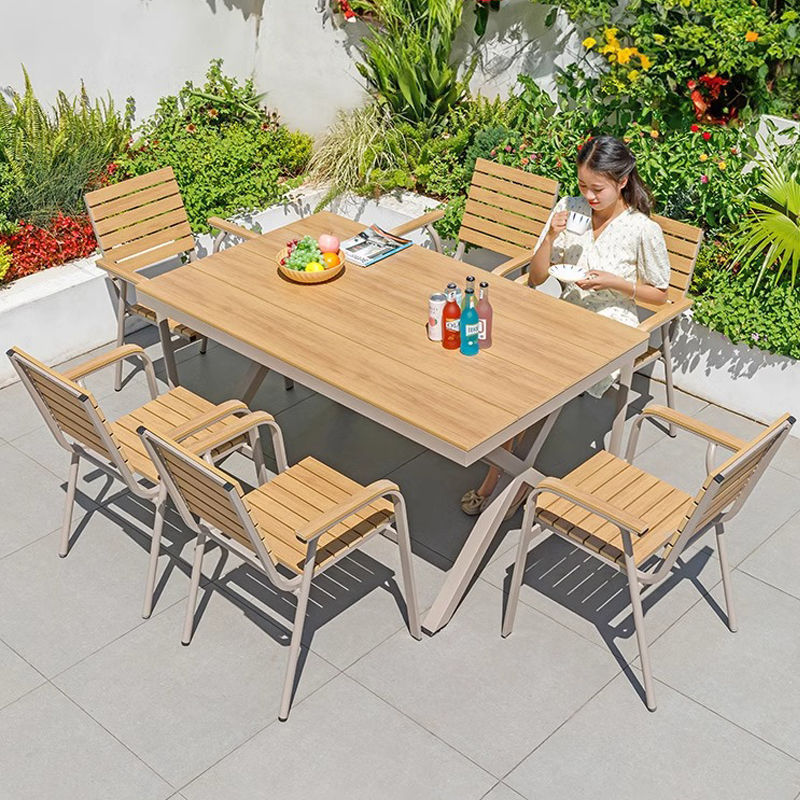 Outdoor Courtyard Alloy Plastic Wood Table and Chair Combination Set Outdoor Terrace Teak Table and Chair Outdoor Nordic Waterproof and Sun Protection