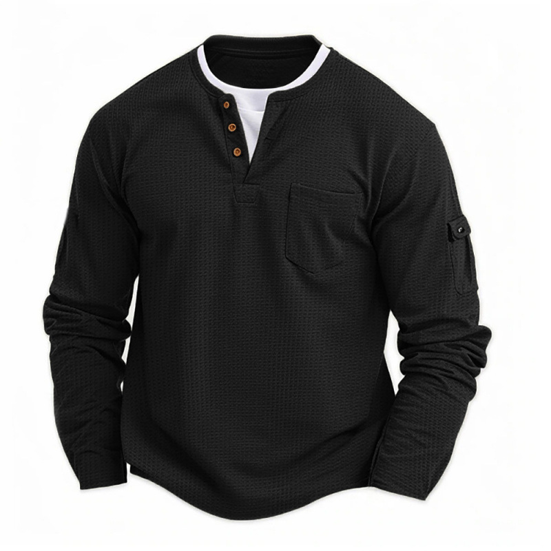 Cross-border men's long-sleeve t-shirt, men's round-neck waffle fake two-piece trendy brand sweatshirt, men's henley shirt for spring