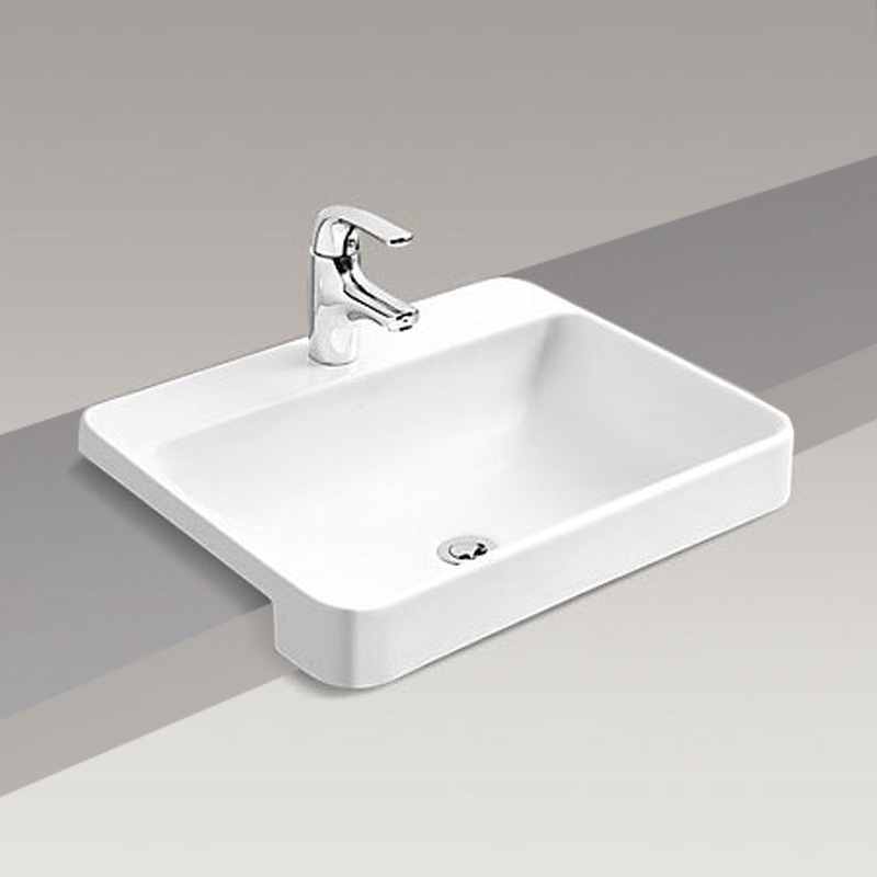 Upstand semi-hanging semi-embedded ceramic rectangular three-hole sink center basin face wash basin