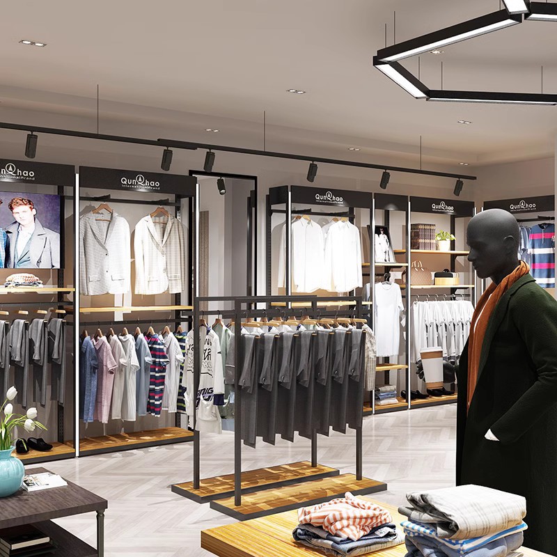 Tienda de ropa de ocio con luces estante de exhibición estante de exhibición tipo piso estante de exhibición comercial percha de ropa marca de moda hombre estante de tienda de ropa