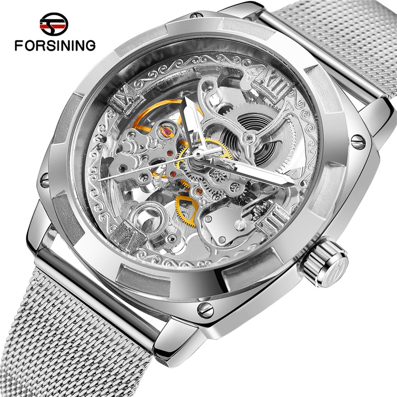 Forsining reloj mecánico automático de los hombres de doble cara de Milán correa de malla reloj transfronterizo fusini 8227
