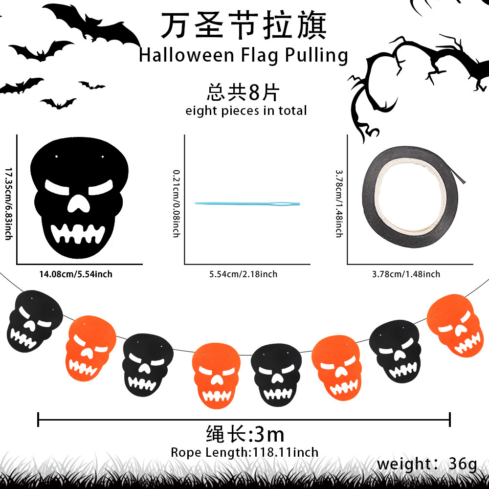 Nueva bandera de halloween tela no tejida bandera de color naranja negro KTV bar decoración de fiesta esqueleto araña colgante tirar de flores