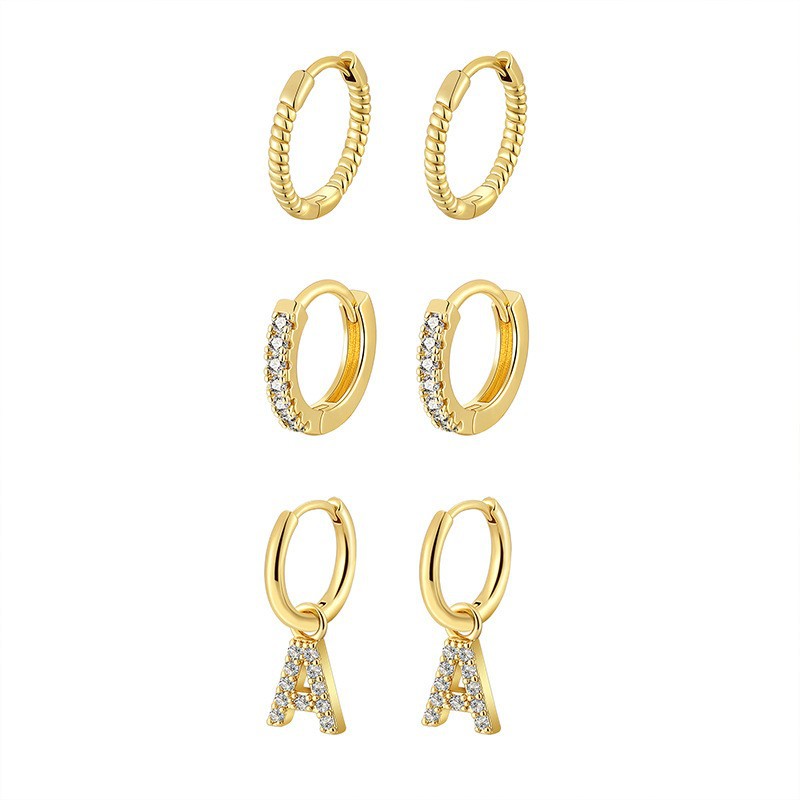 14K Gold Plated Copper Three Piece Earrings Set Simple Niche Light Luxury High End Letter Stud Earrings For Women Style_voghion.com