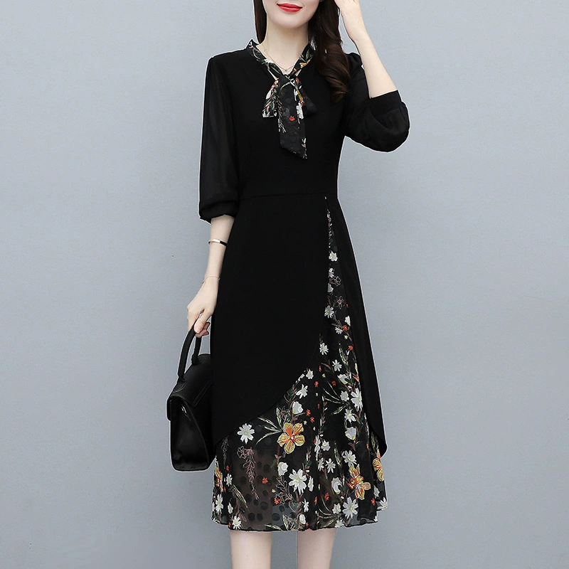 2025 Новый весенний и осенний средний длинный французский стиль Hепберн нерегулярная талия тонкая бантик цветочный платье
