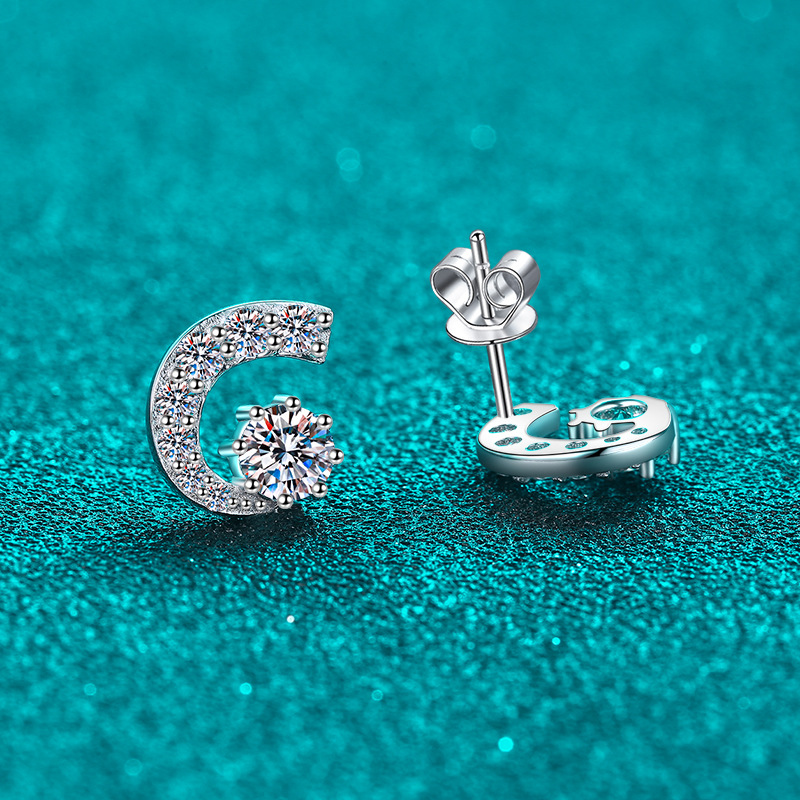 Moissanite Hoop Earrings Crescent Moon Sterling Silver For Women_voghion.com