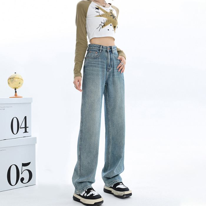 細身ワイドレッグジーンズ レディース 春秋新作 ハイウエスト ゆったり 着痩せ効果 小柄さん向け ストレート ロング丈パンツ|undefined