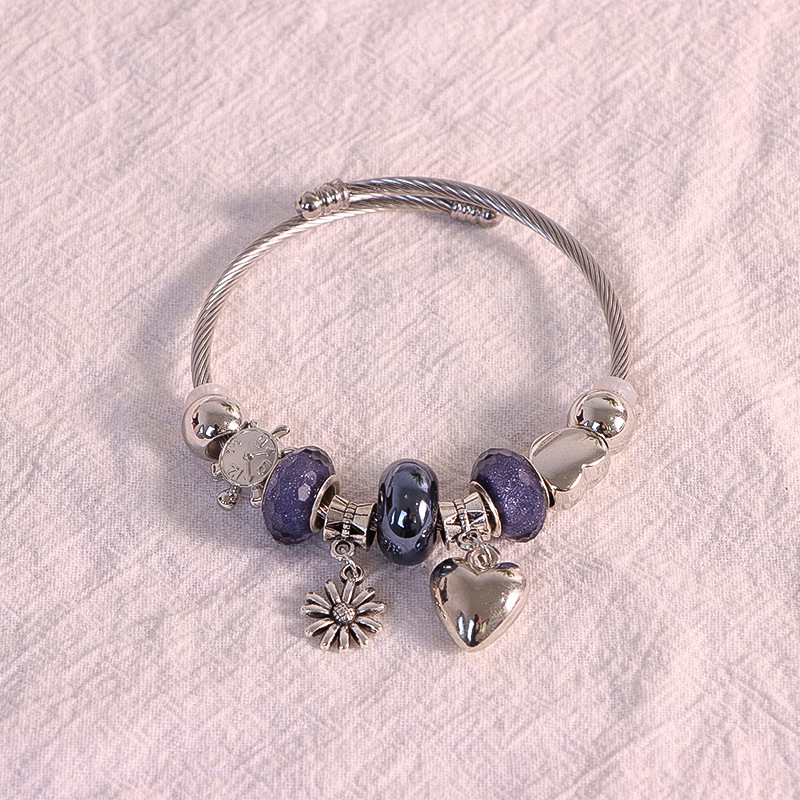 Pulsera de Acero Inoxidable Panjia Dora con Corazón y Oso, Pulsera Abierta con Cuentas para DIY, Joyería de Estilo Fresco, Éxito de Ventas en Amazon