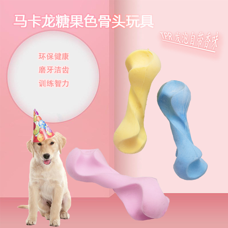 Nuevo macaron TPR espuma leche sabor hueso perro juguete nudo dientes moler palo juguete para mascotas color caramelo