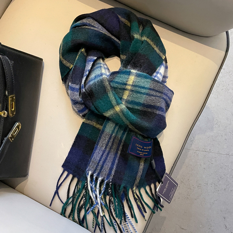 Dark Green Plaid Pure Wool Scarf for Women, Winter British Classic Scottish Plaid Men's Cashmere Scarf, Thickened and Warm