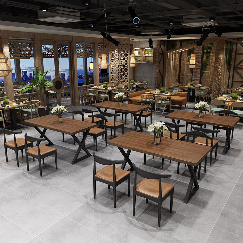 工业风餐桌经济型铁艺实木长方形桌子面馆饭店餐厅商用餐桌椅组合