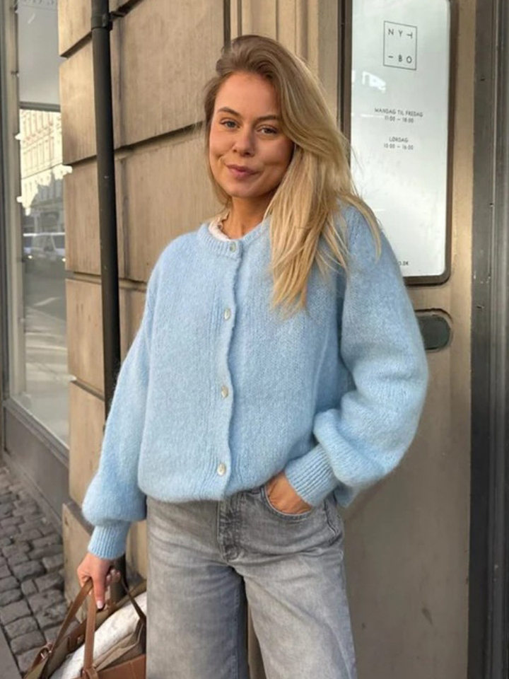 Áo cardigan len dệt kim dáng mỏng nhẹ cài nút một hàng, tay dài cổ tròn nữ — hoa hồng đỏ, màu be, màu cam, màu hoa cà chi tiết 107