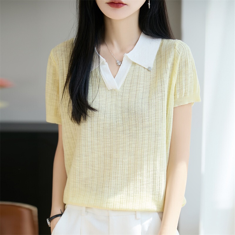 2026 Spring/Summer New Bamboo Knit Lapel Short Sleeve Color Block Loose Pullover Thin Base Layer T-Shirt Wholesale
