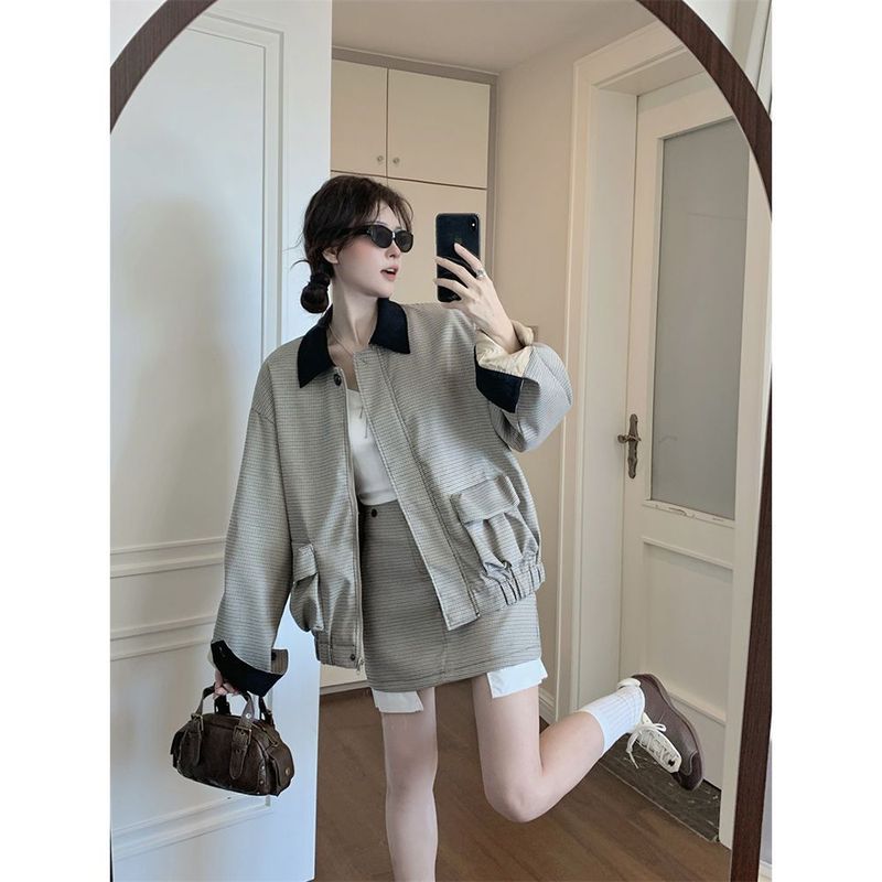复古千鸟格撞色宽松廓形工装夹克外套高腰包臀半身裙女早秋两件套|undefined