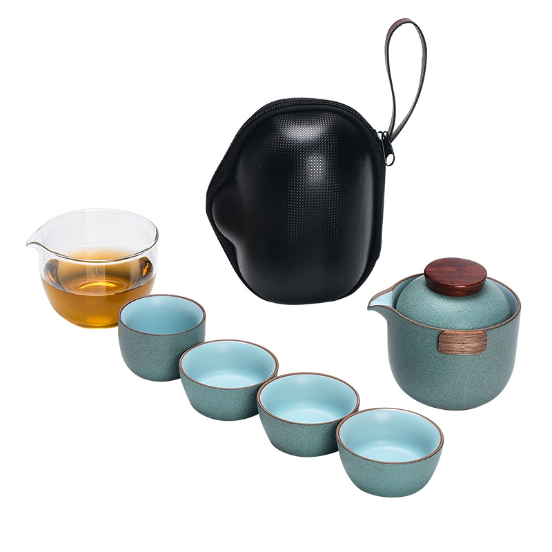 S588 Green Stone Glazed Portable Quick-Cup Kettle & 4 Cups Travel Tea Set – Perfect for Outdoor Tea Drinking, Car Use, and Customizable with Your Logo